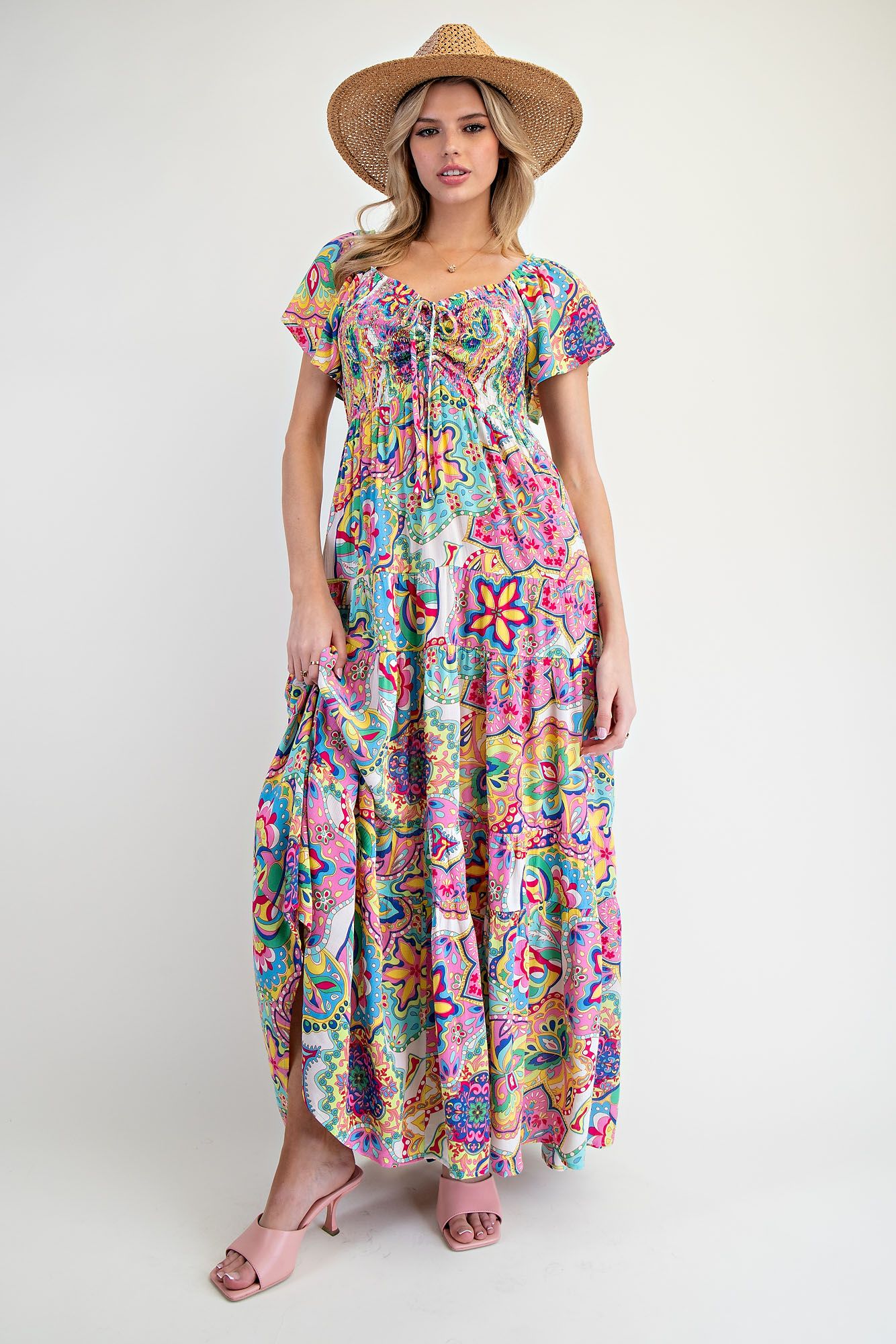 Easel Paisley Smocked Tiered Maxi Dress In Turquoise And Pink-Maxi Dresses-Easel-Deja Nu Boutique, Women's Fashion Boutique in Lampasas, Texas