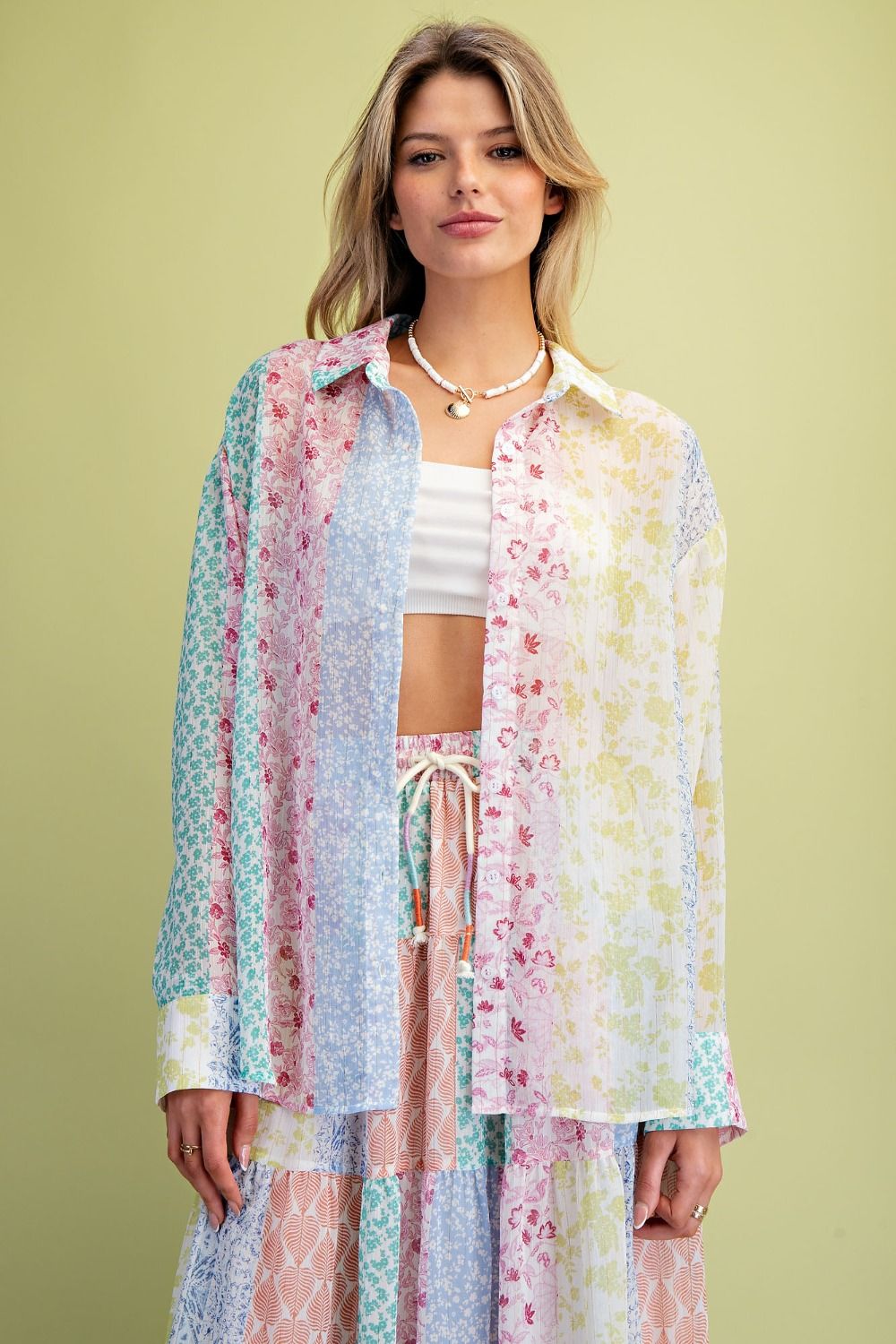 Easel Patchwork Multi Floral Printed Chiffon Button Down Shirt-shirts-Easel-Deja Nu Boutique, Women's Fashion Boutique in Lampasas, Texas