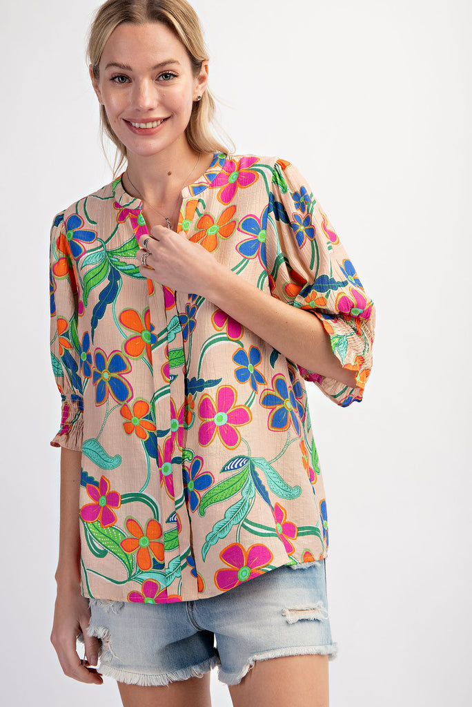 Easel Peach Blossom Flower Blouse In Natural-Tops-Easel-Deja Nu Boutique, Women's Fashion Boutique in Lampasas, Texas