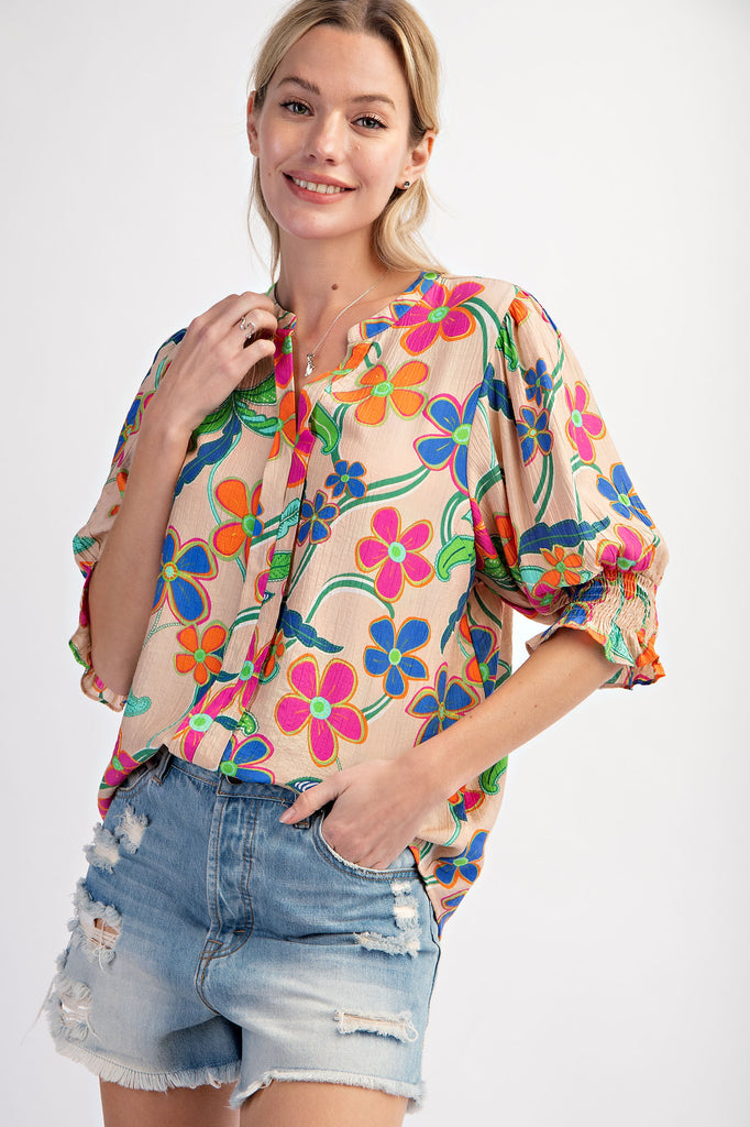 Easel Peach Blossom Flower Blouse In Natural-Tops-Easel-Deja Nu Boutique, Women's Fashion Boutique in Lampasas, Texas
