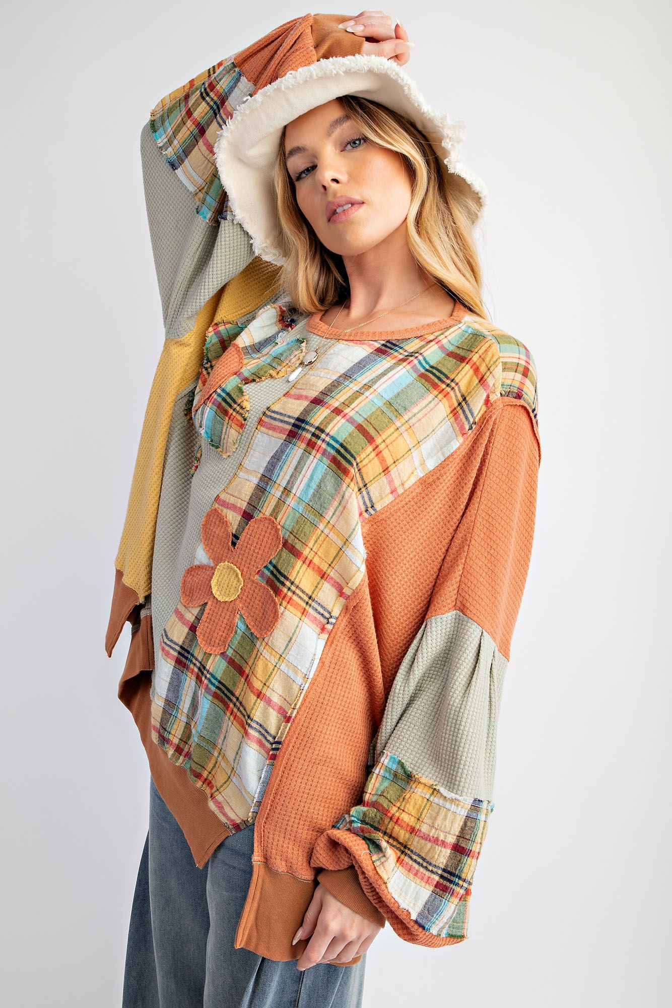 Easel Plaid Mix Daisy Patch Oversized Knit Top In Sage Combo-Tops-easel-Deja Nu Boutique, Women's Fashion Boutique in Lampasas, Texas