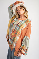 Easel Plaid Mix Daisy Patch Oversized Knit Top In Sage Combo-Tops-easel-Deja Nu Boutique, Women's Fashion Boutique in Lampasas, Texas