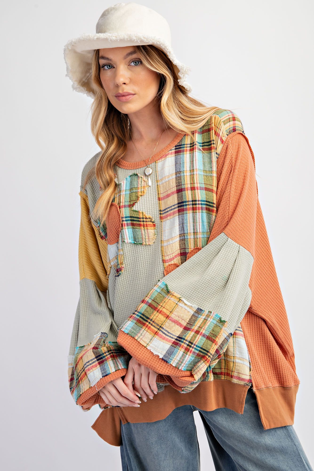 Easel Plaid Mix Daisy Patch Oversized Knit Top In Sage Combo-Tops-easel-Deja Nu Boutique, Women's Fashion Boutique in Lampasas, Texas