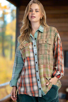 Easel Plaid Mix Mineral Washed Patchwork Button Down Shacket In Sage Combo-shirts-Easel-Deja Nu Boutique, Women's Fashion Boutique in Lampasas, Texas