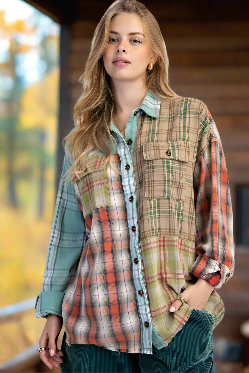 Easel Plaid Mix Mineral Washed Patchwork Button Down Shacket In Sage Combo-shirts-Easel-Deja Nu Boutique, Women's Fashion Boutique in Lampasas, Texas