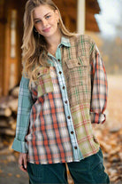 Easel Plaid Mix Mineral Washed Patchwork Button Down Shacket In Sage Combo-shirts-Easel-Deja Nu Boutique, Women's Fashion Boutique in Lampasas, Texas