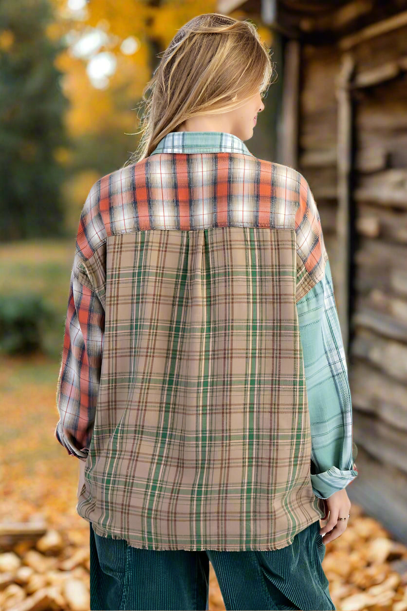Easel Plaid Mix Mineral Washed Patchwork Button Down Shacket In Sage Combo-shirts-Easel-Deja Nu Boutique, Women's Fashion Boutique in Lampasas, Texas