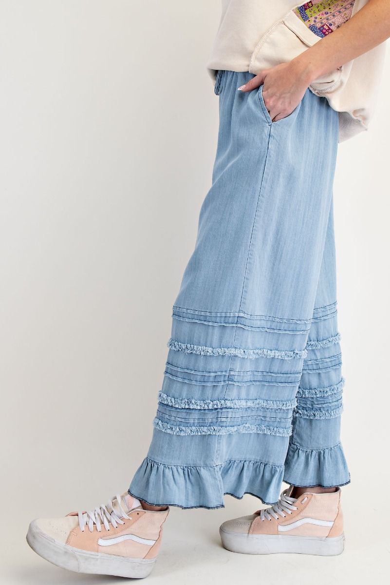 Easel Plus Self Fray Washed Chambray Pants-Curvy/Plus Bottoms-Easel-Deja Nu Boutique, Women's Fashion Boutique in Lampasas, Texas