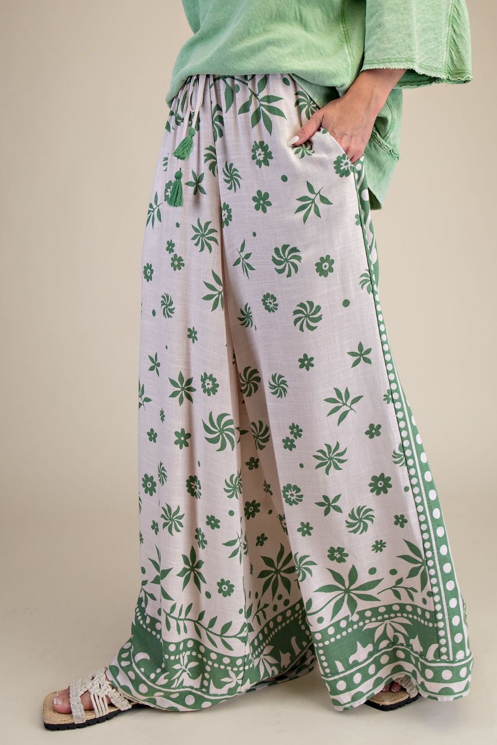 Easel Plus Size Border Print Rayon Linen Wide Leg Pants in Matcha Latte-Curvy/Plus Bottoms-Easel-Deja Nu Boutique, Women's Fashion Boutique in Lampasas, Texas