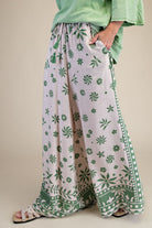 Easel Plus Size Border Print Rayon Linen Wide Leg Pants in Matcha Latte-Curvy/Plus Bottoms-Easel-Deja Nu Boutique, Women's Fashion Boutique in Lampasas, Texas
