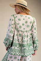 Easel Plus Size Printed Rayon Linen Boho Top in Matcha Latte-Curvy/Plus Blouses-Easel-Deja Nu Boutique, Women's Fashion Boutique in Lampasas, Texas