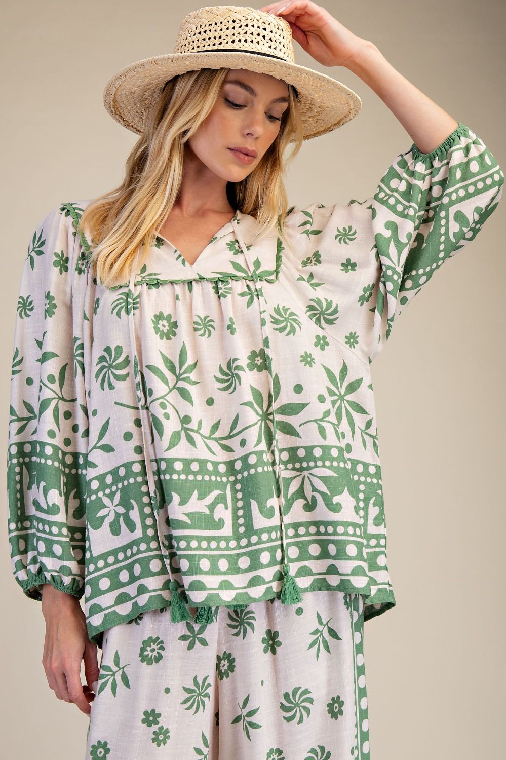 Easel Plus Size Printed Rayon Linen Boho Top in Matcha Latte-Curvy/Plus Blouses-Easel-Deja Nu Boutique, Women's Fashion Boutique in Lampasas, Texas