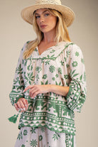 Easel Plus Size Printed Rayon Linen Boho Top in Matcha Latte-Curvy/Plus Blouses-Easel-Deja Nu Boutique, Women's Fashion Boutique in Lampasas, Texas