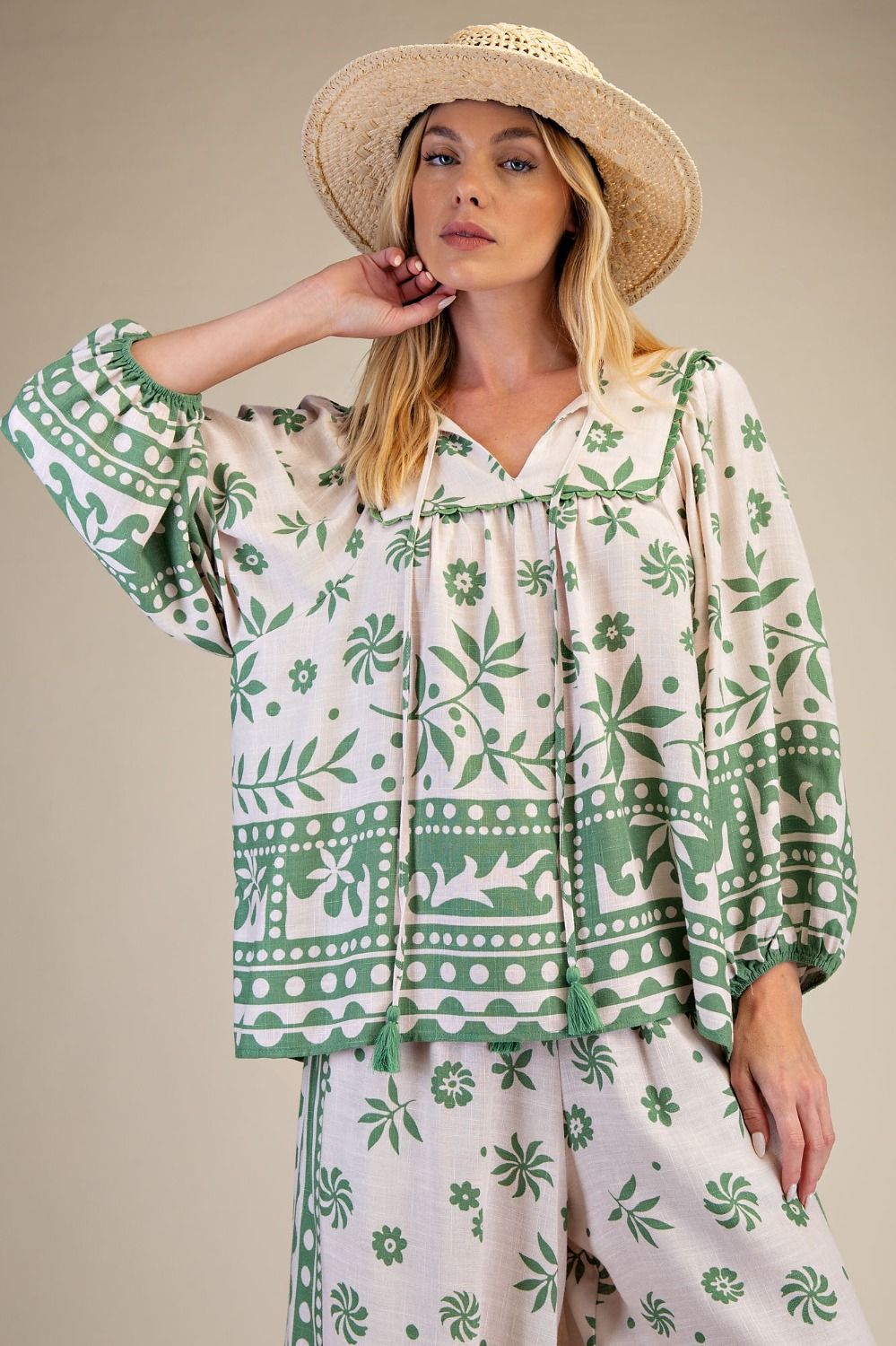 Easel Plus Size Printed Rayon Linen Boho Top in Matcha Latte-Curvy/Plus Blouses-Easel-Deja Nu Boutique, Women's Fashion Boutique in Lampasas, Texas