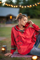 Easel Poppy Red Daisy Patch Terry Hoodie – Oversized Washed Pullover with Rainbow Trim-hoodie-Easel-Deja Nu Boutique, Women's Fashion Boutique in Lampasas, Texas