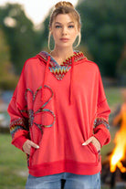 Easel Poppy Red Daisy Patch Terry Hoodie – Oversized Washed Pullover with Rainbow Trim-hoodie-Easel-Deja Nu Boutique, Women's Fashion Boutique in Lampasas, Texas