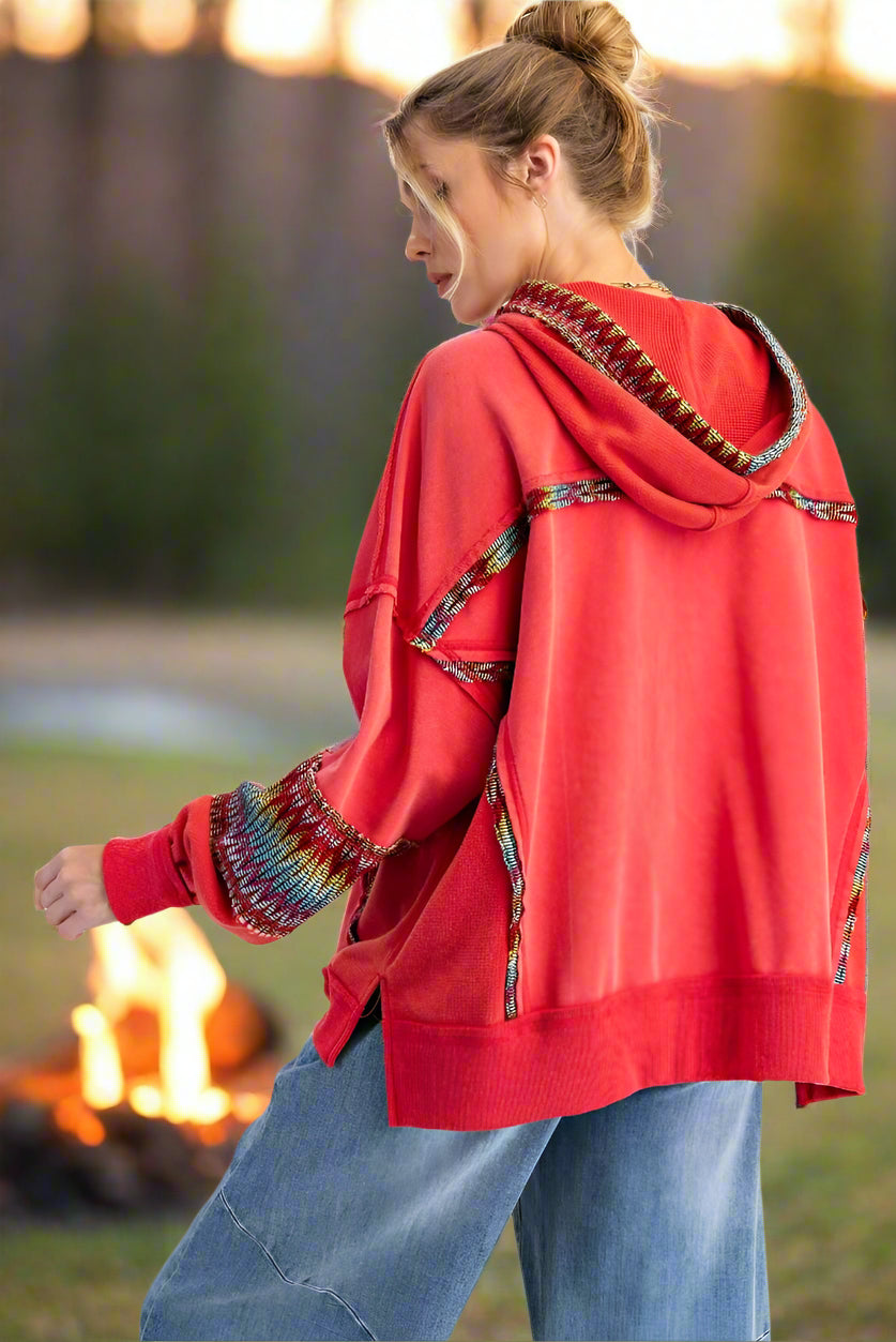 Easel Poppy Red Daisy Patch Terry Hoodie – Oversized Washed Pullover with Rainbow Trim-hoodie-Easel-Deja Nu Boutique, Women's Fashion Boutique in Lampasas, Texas