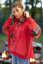 Easel Poppy Red Daisy Patch Terry Hoodie – Oversized Washed Pullover with Rainbow Trim-hoodie-Easel-Deja Nu Boutique, Women's Fashion Boutique in Lampasas, Texas