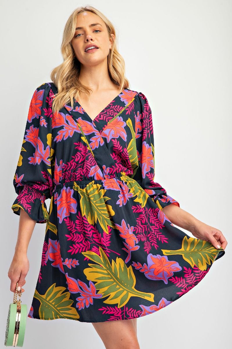 Easel Printed Wool Peach Woven Surplus Mini Dress In Jungle Green-Dresses-Easel-Deja Nu Boutique, Women's Fashion Boutique in Lampasas, Texas