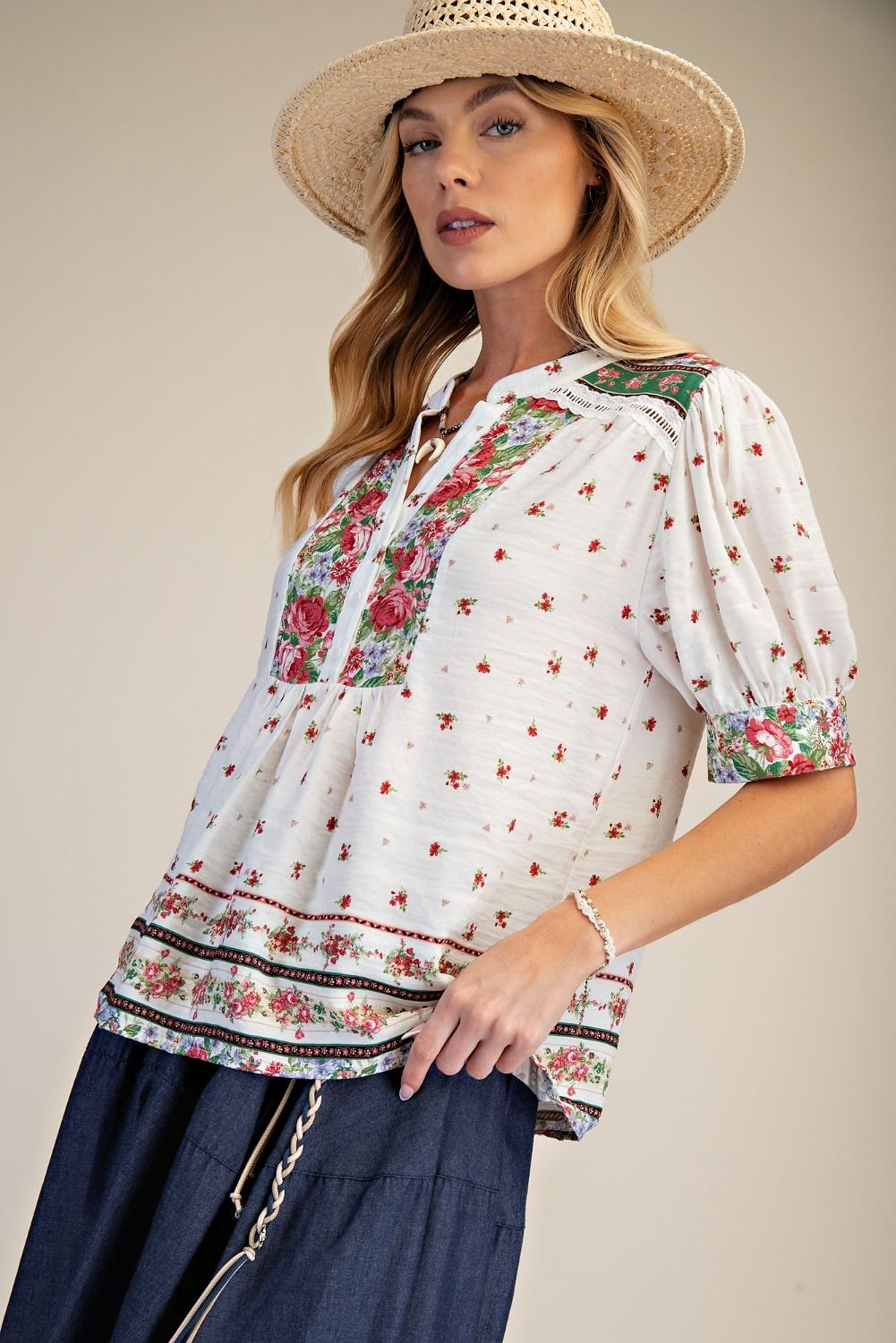 Easel Sage Pink Floral Printed Puff Sleeve Top-Tops-Easel-Deja Nu Boutique, Women's Fashion Boutique in Lampasas, Texas