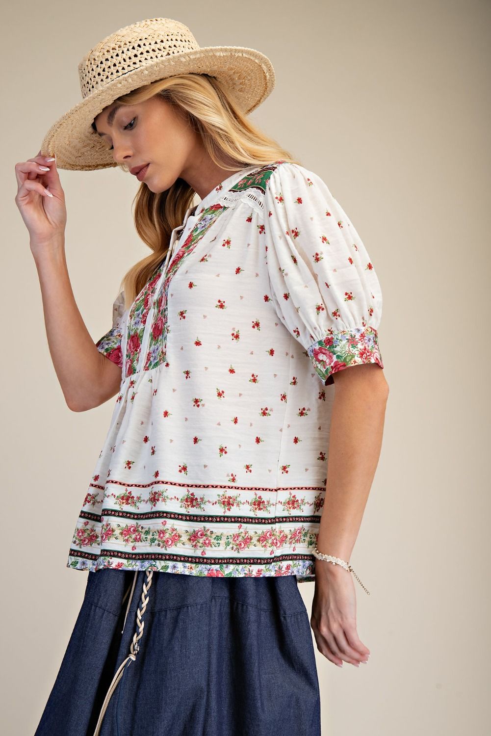 Easel Sage Pink Floral Printed Puff Sleeve Top-Tops-Easel-Deja Nu Boutique, Women's Fashion Boutique in Lampasas, Texas
