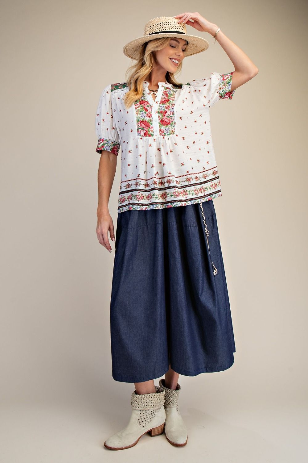 Easel Sage Pink Floral Printed Puff Sleeve Top-Tops-Easel-Deja Nu Boutique, Women's Fashion Boutique in Lampasas, Texas