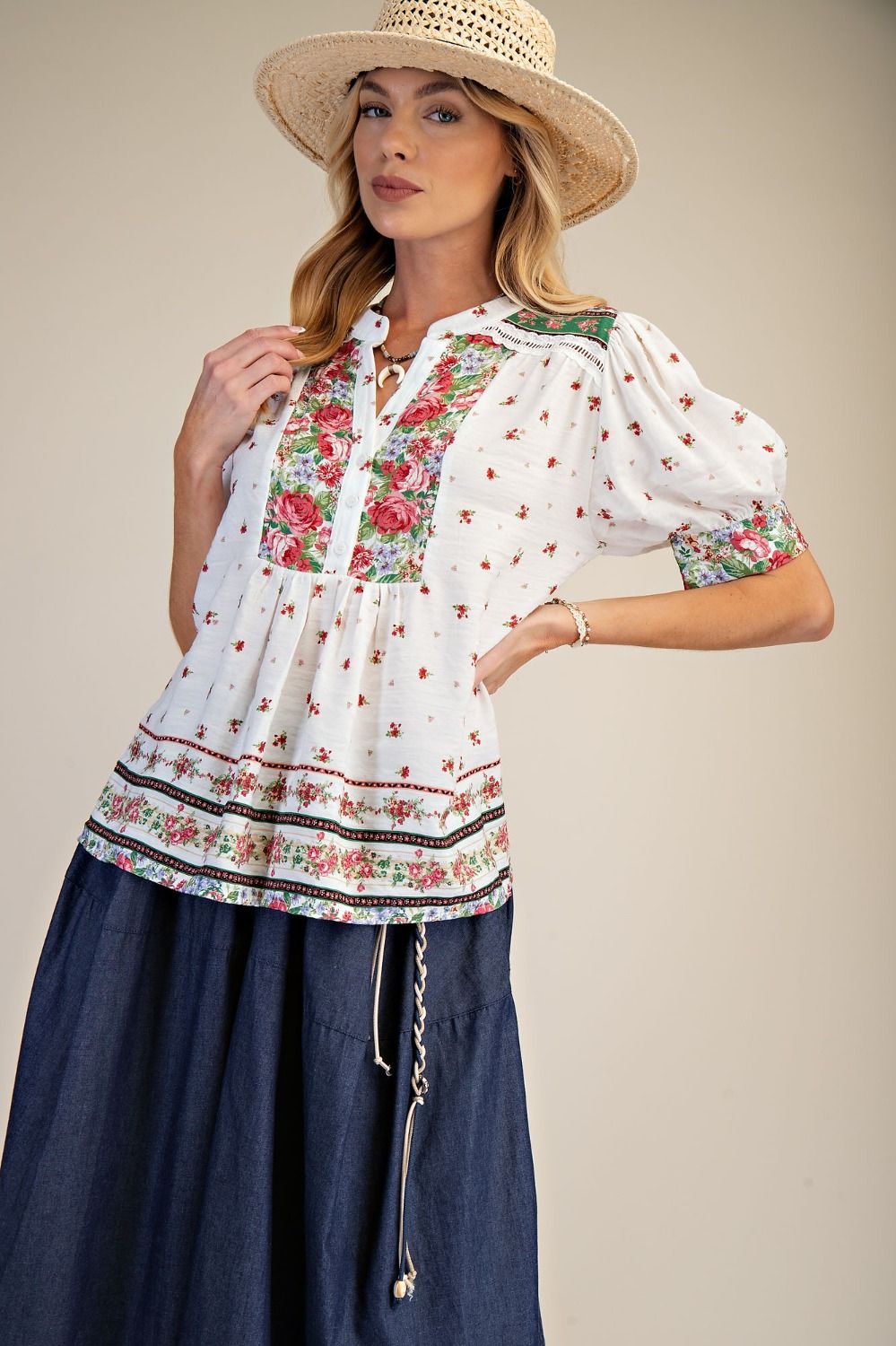 Easel Sage Pink Floral Printed Puff Sleeve Top-Tops-Easel-Deja Nu Boutique, Women's Fashion Boutique in Lampasas, Texas