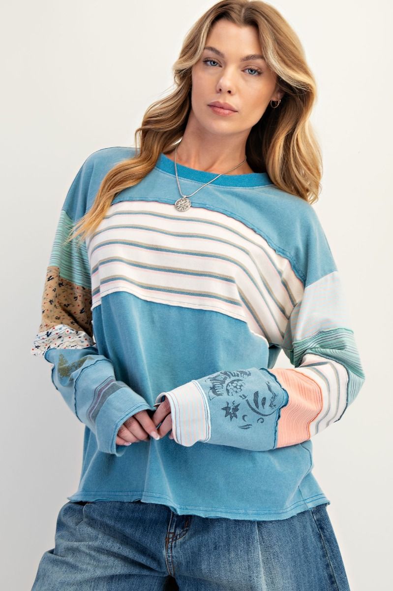 Easel Stripe Mix Terry Soft Washed Pullover – Faded Teal-sweatshirt-Easel-Deja Nu Boutique, Women's Fashion Boutique in Lampasas, Texas