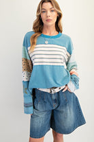 Easel Stripe Mix Terry Soft Washed Pullover – Faded Teal-sweatshirt-Easel-Deja Nu Boutique, Women's Fashion Boutique in Lampasas, Texas