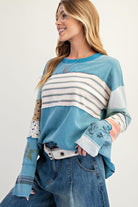 Easel Stripe Mix Terry Soft Washed Pullover – Faded Teal-sweatshirt-Easel-Deja Nu Boutique, Women's Fashion Boutique in Lampasas, Texas