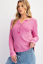 Easel Thermal Knit Washed Henley Top In Orchid-Tops-easel-Deja Nu Boutique, Women's Fashion Boutique in Lampasas, Texas