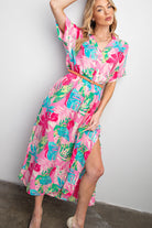 Easel Tropical Print Peach Blossom Maxi Dress In Bubble Gum Plus-Curvy/Plus Dresses-Easel-Deja Nu Boutique, Women's Fashion Boutique in Lampasas, Texas