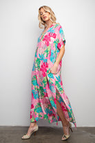 Easel Tropical Print Peach Blossom Maxi Dress In Bubble Gum Plus-Curvy/Plus Dresses-Easel-Deja Nu Boutique, Women's Fashion Boutique in Lampasas, Texas