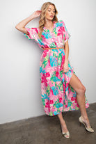 Easel Tropical Print Peach Blossom Maxi Dress In Bubble Gum Plus-Curvy/Plus Dresses-Easel-Deja Nu Boutique, Women's Fashion Boutique in Lampasas, Texas