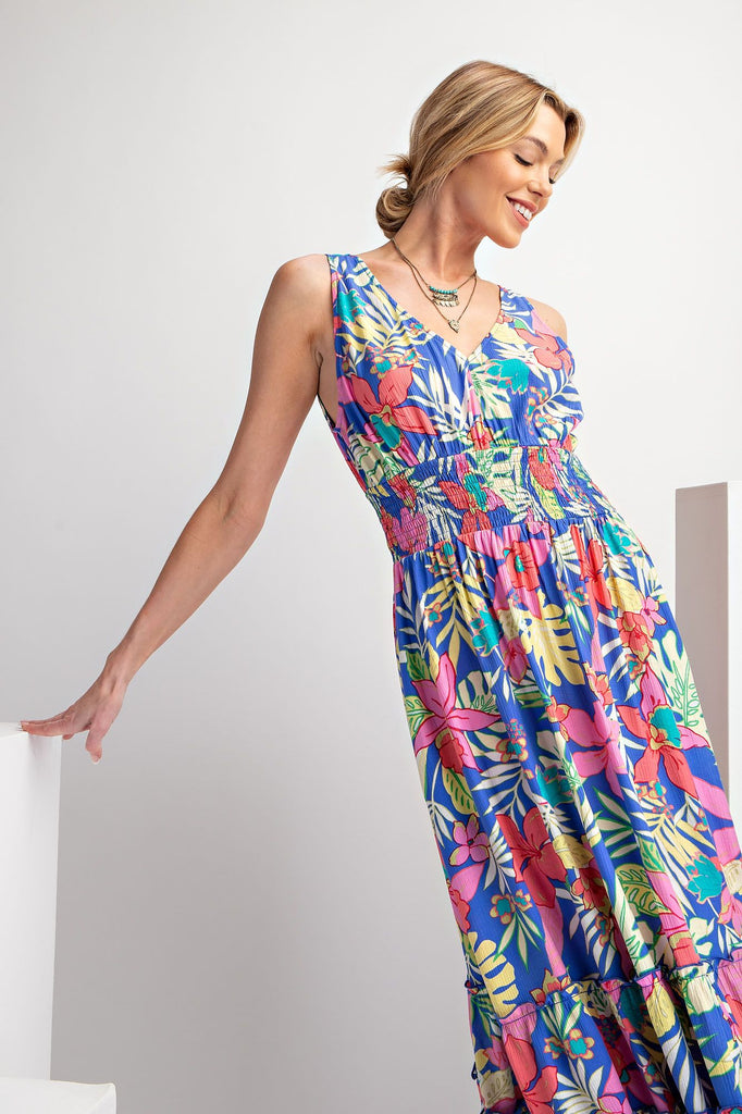 Easel Tropical Print Peach Blossom Maxi Dress In Peri Blue-Maxi Dresses-easel-Deja Nu Boutique, Women's Fashion Boutique in Lampasas, Texas