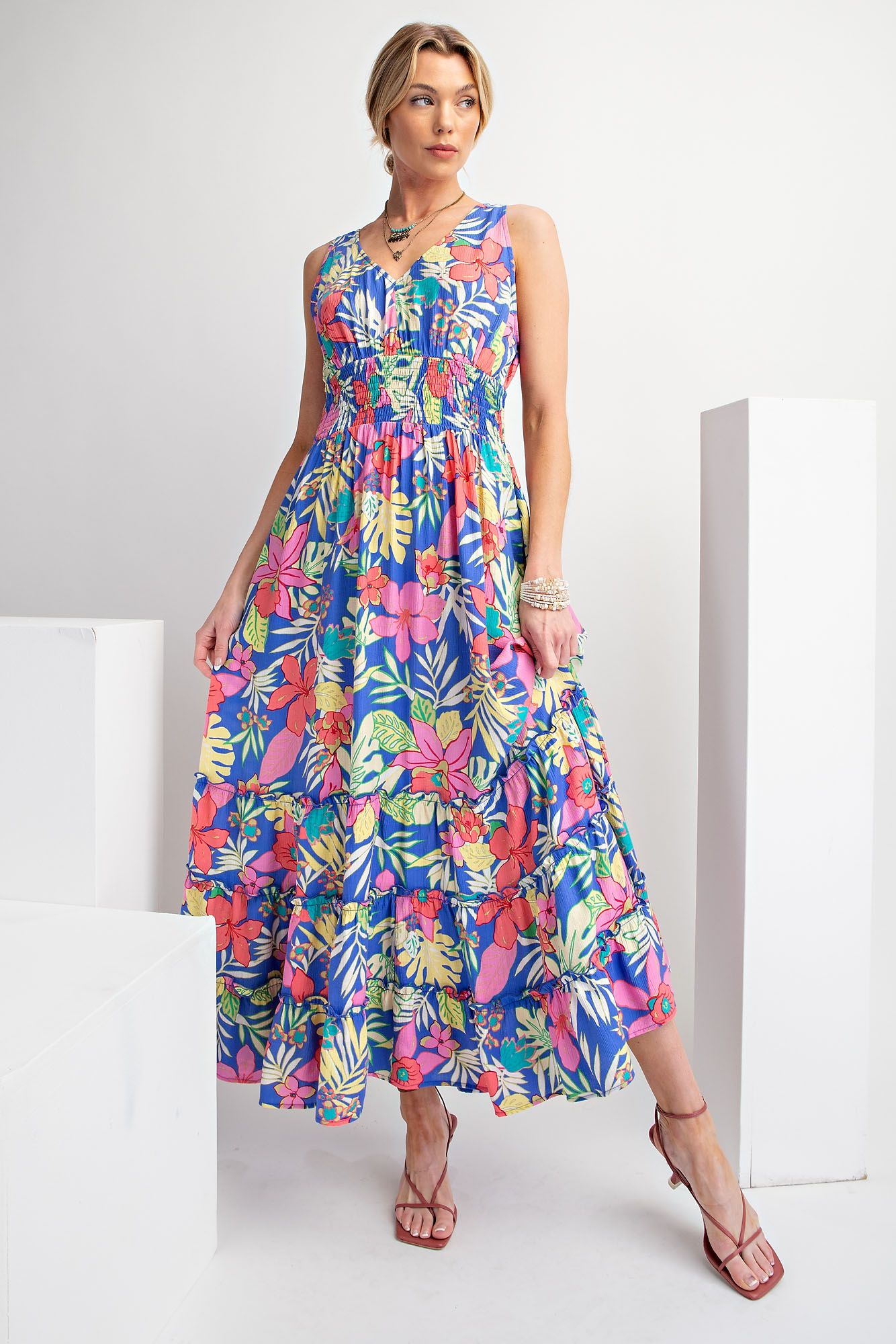 Easel Tropical Print Peach Blossom Maxi Dress In Peri Blue-Maxi Dresses-easel-Deja Nu Boutique, Women's Fashion Boutique in Lampasas, Texas