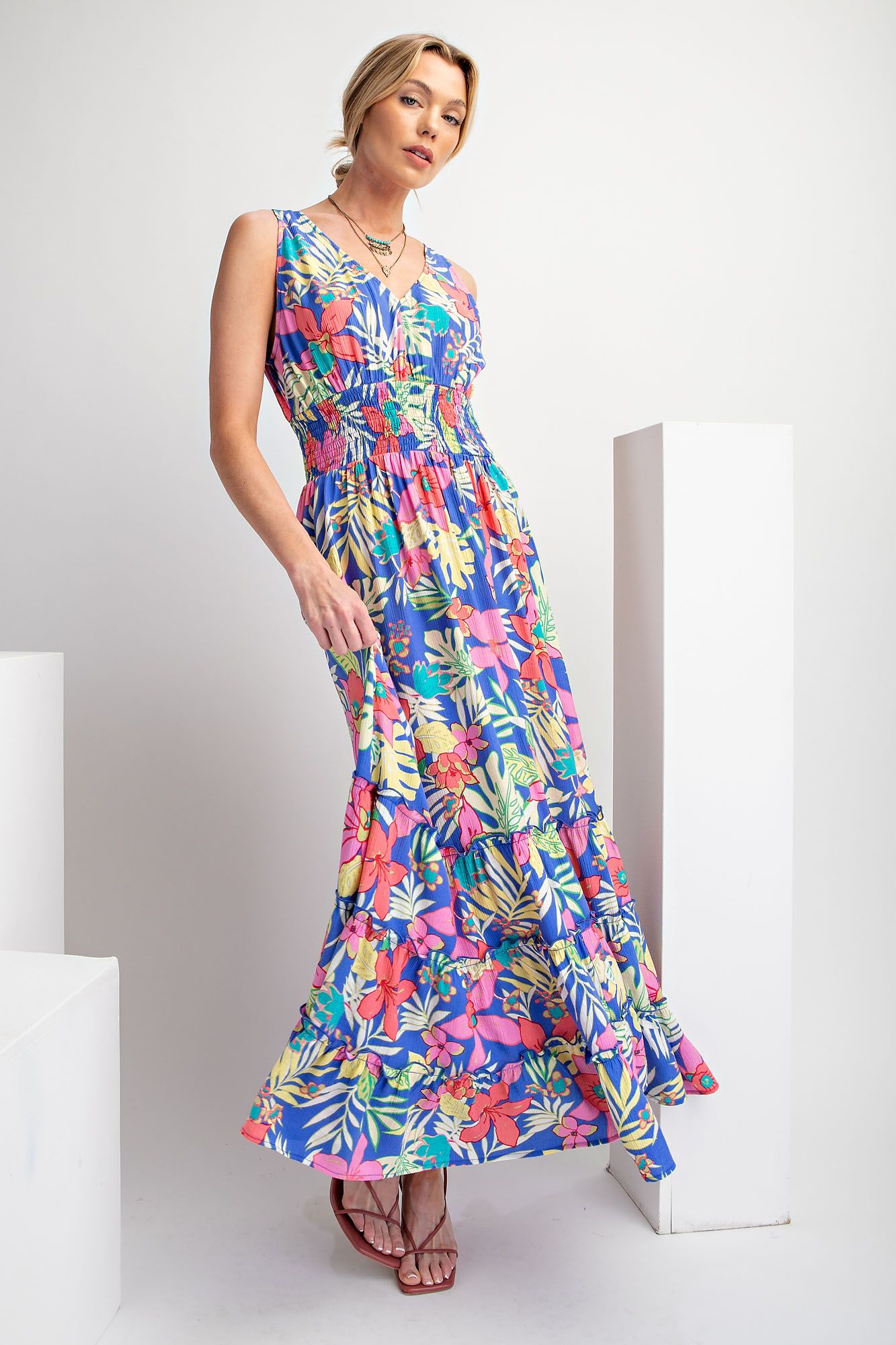 Easel Tropical Print Peach Blossom Maxi Dress In Peri Blue-Maxi Dresses-easel-Deja Nu Boutique, Women's Fashion Boutique in Lampasas, Texas