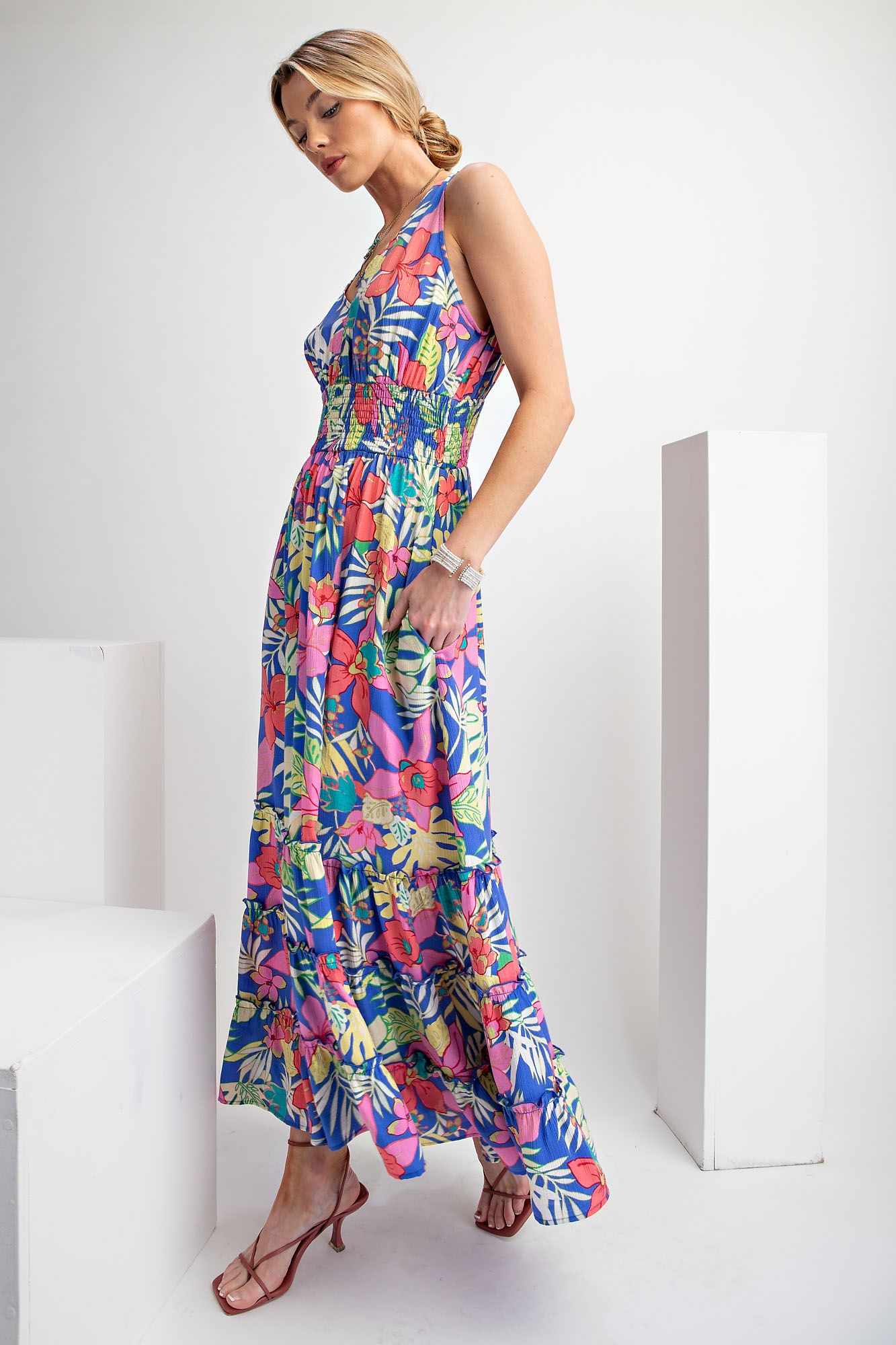 Easel Tropical Print Peach Blossom Maxi Dress In Peri Blue-Maxi Dresses-easel-Deja Nu Boutique, Women's Fashion Boutique in Lampasas, Texas