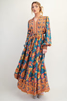 Easel Turquoise Floral Rayon Challis Maxi Dress – Tie Waist Boho Long Sleeve Dress-Maxi Dresses-Easel-Deja Nu Boutique, Women's Fashion Boutique in Lampasas, Texas