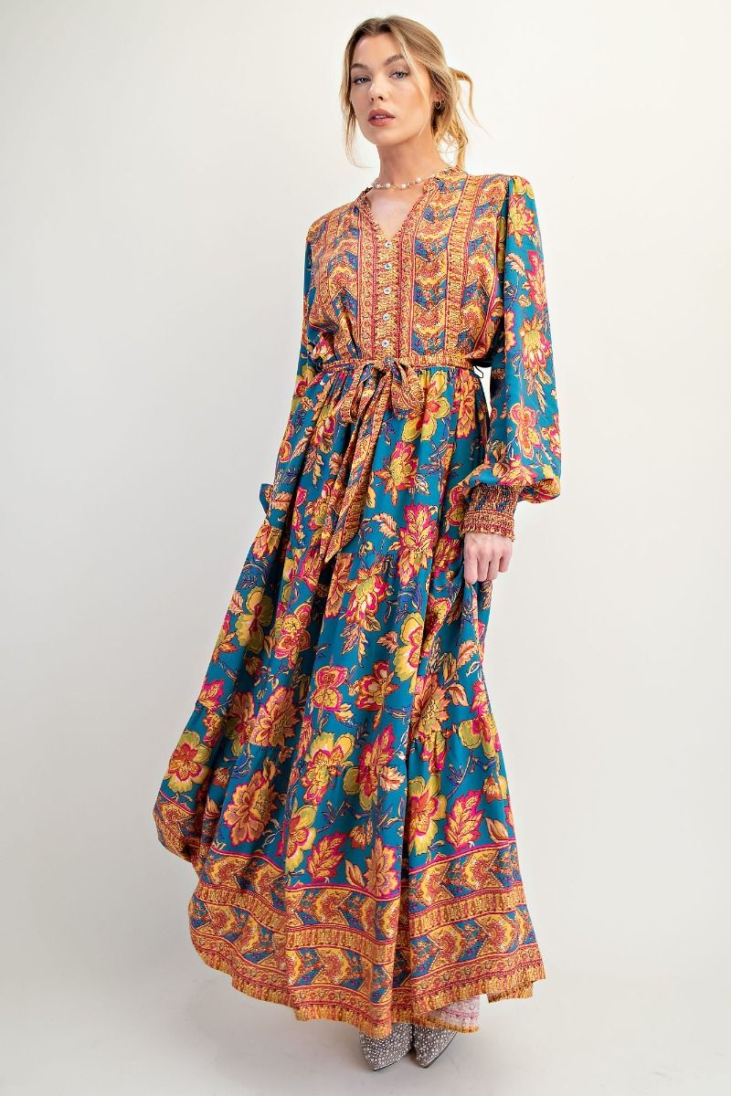 Easel Turquoise Floral Rayon Challis Maxi Dress – Tie Waist Boho Long Sleeve Dress-Maxi Dresses-Easel-Deja Nu Boutique, Women's Fashion Boutique in Lampasas, Texas