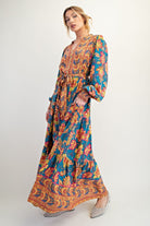 Easel Turquoise Floral Rayon Challis Maxi Dress – Tie Waist Boho Long Sleeve Dress-Maxi Dresses-Easel-Deja Nu Boutique, Women's Fashion Boutique in Lampasas, Texas