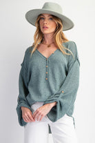 Easel V-Neckline Knit Button Detail Sweater In Teal Green-Sweaters-Easel-Deja Nu Boutique, Women's Fashion Boutique in Lampasas, Texas