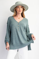 Easel V-Neckline Knit Button Detail Sweater In Teal Green-Sweaters-Easel-Deja Nu Boutique, Women's Fashion Boutique in Lampasas, Texas