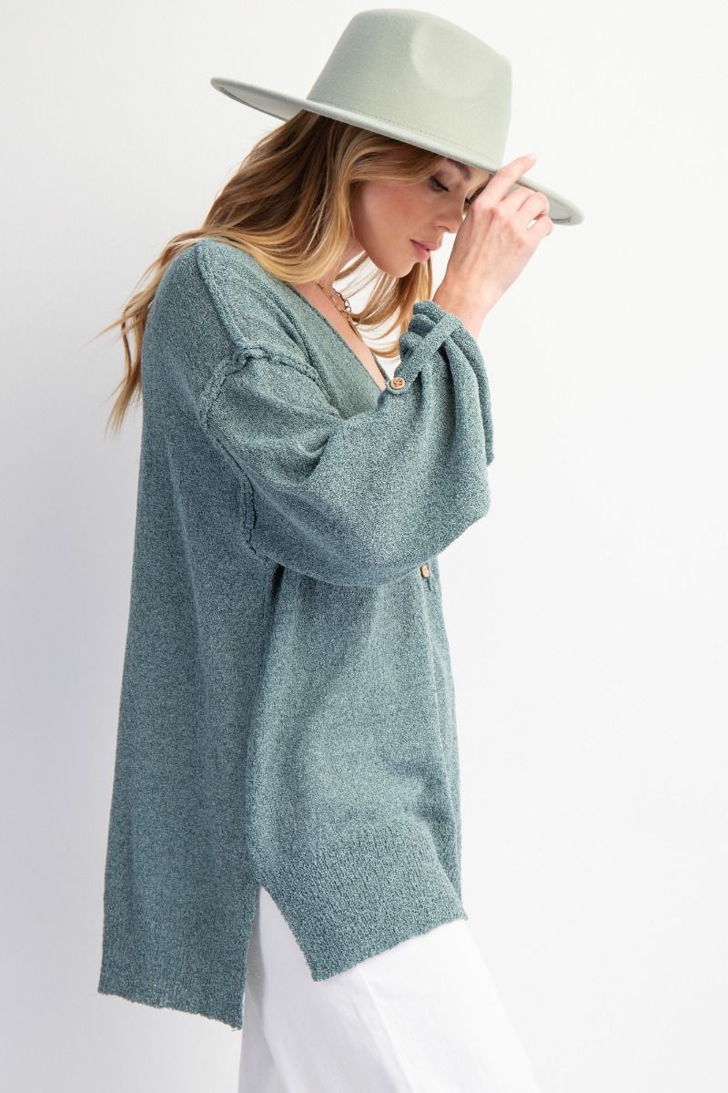 Easel V-Neckline Knit Button Detail Sweater In Teal Green-Sweaters-Easel-Deja Nu Boutique, Women's Fashion Boutique in Lampasas, Texas