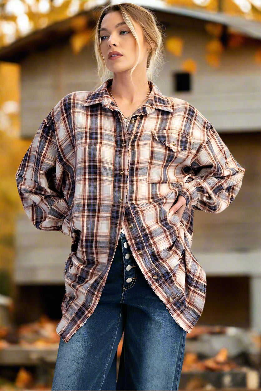 Easel Washed Button Down Flannel Tunic – Starry Night-shirts-Easel-Deja Nu Boutique, Women's Fashion Boutique in Lampasas, Texas