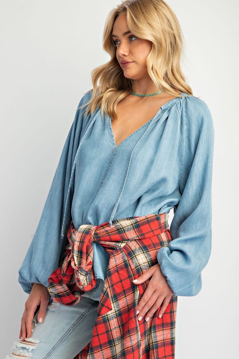 Easel Washed Chambray Flare Tunic-Tops-Easel-Deja Nu Boutique, Women's Fashion Boutique in Lampasas, Texas