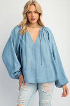 Easel Washed Chambray Flare Tunic-Tops-Easel-Deja Nu Boutique, Women's Fashion Boutique in Lampasas, Texas