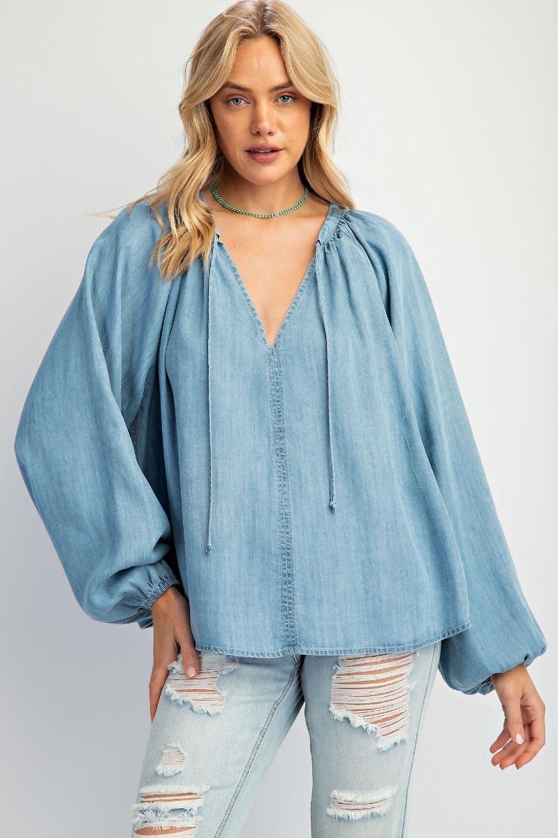 Easel Washed Chambray Flare Tunic-Tops-Easel-Deja Nu Boutique, Women's Fashion Boutique in Lampasas, Texas