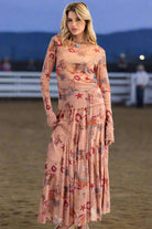 Easel Western Printed Mesh Fitted Top – Long Sleeve Cowboy Print in Camel-sheer top-Easel-Deja Nu Boutique, Women's Fashion Boutique in Lampasas, Texas