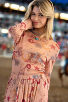 Easel Western Printed Mesh Fitted Top – Long Sleeve Cowboy Print in Camel-sheer top-Easel-Deja Nu Boutique, Women's Fashion Boutique in Lampasas, Texas